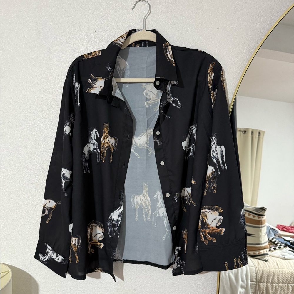 SHEIN Black Horse Print Button Down Shirt